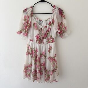 Sheer Floral Puff Sleeve Mini Dress Tiered Smocked Waist Coquette Milkmaid M